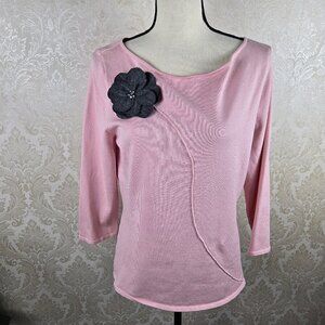 Erin Matthews Size Large Pale Pink Sweater with Gray Flower 3/4 Sleeves Silk Bld